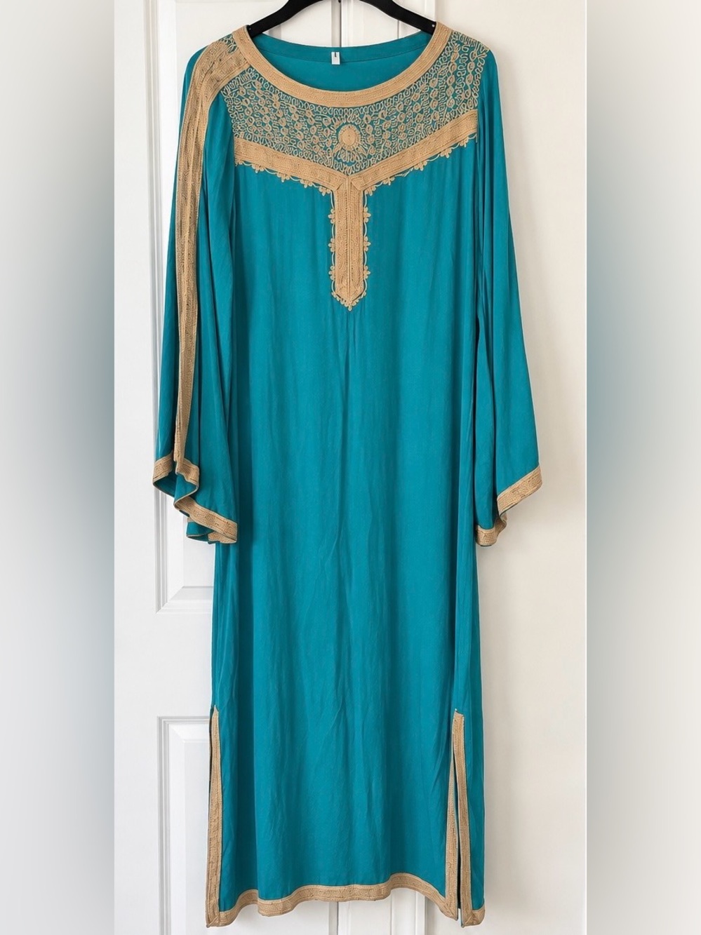 Teal Embroidered Caftan Dress with Gold Trim